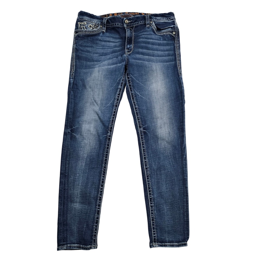 Rock Revival Rima Skinny 33 Jeans Women Blue Embellished Rhinestone Fleur De Lis